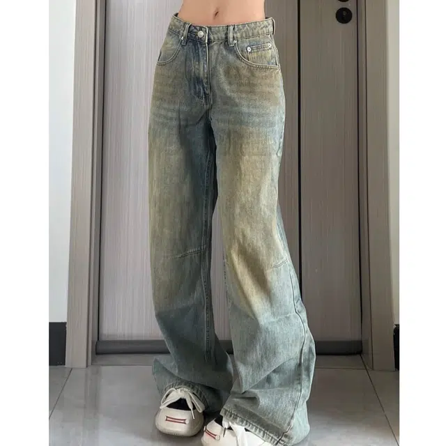 冈哉 美式复古水洗做旧渐变明辑线脏脏裤时尚个性潮流帅气街头宽松拖地长裤牛仔裤 男女同款