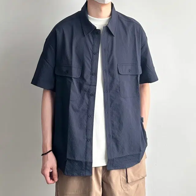 冈哉 肌理感工装衬衣纯色基础款双口袋拼接美式复古潮流宽松休闲百搭舒适透气短袖衬衫 男女同款