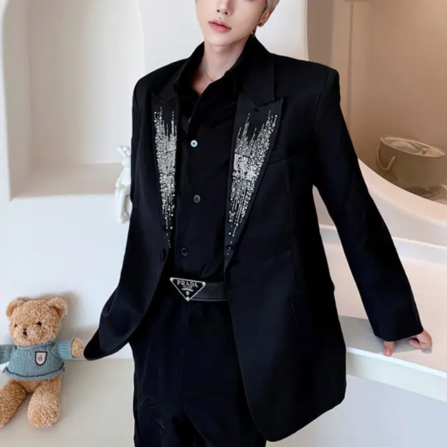 冈哉 美式手工绣珠西服创驳领垫肩休闲夹克外套春秋季纽扣宽松个性百搭舒适高街潮流通勤西装  男女同款