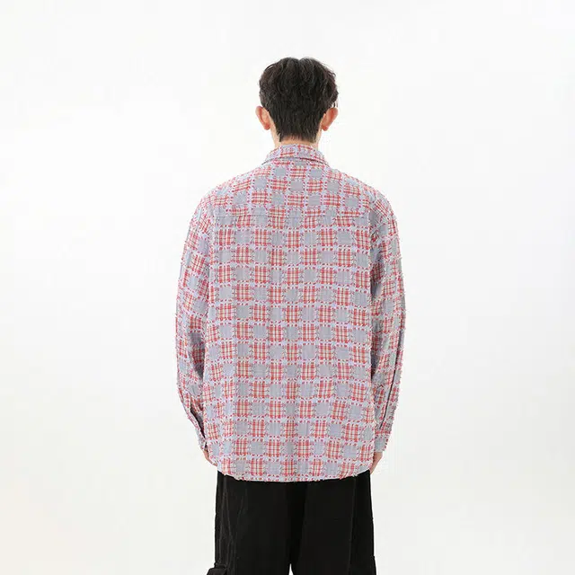 冈哉 美式复古基础款长袖大格子补丁流苏设计翻领叠穿潮搭垂感痞帅宽松少年感舒适打底内搭外穿衬衫 男女同款