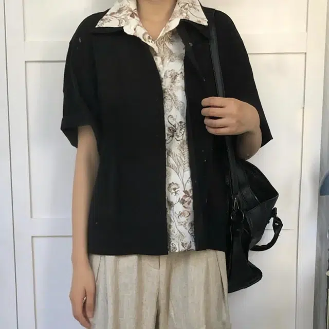 冈哉 老钱风假两件亚麻花领拼接文艺街头痞帅日常通勤百搭舒适透气时尚潮流高级感短袖衬衫 男女同款