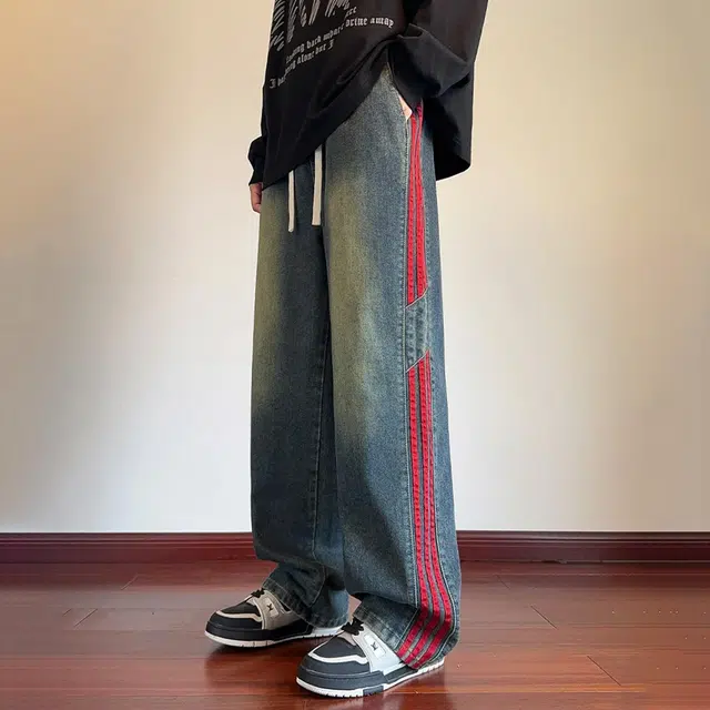 冈哉 美式复古撞色条纹织带拼接设计水洗做旧垂坠感直筒舒适百搭运动基础款抽绳弯刀牛仔裤 男女同款