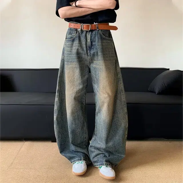 冈哉 美式复古做旧弯刀宽松阔腿设计时尚潮流无性别主义日常通勤户外百搭牛仔裤 男女同款