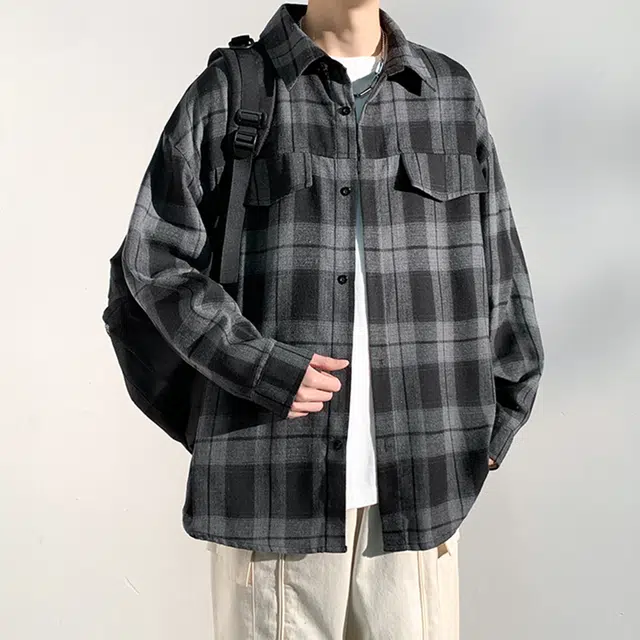 冈哉 港风复古格子双口袋拼接翻领单排扣设计美式潮流宽松松弛感衬衣外套外穿内搭叠穿休闲通勤长袖衬衫 男女同款