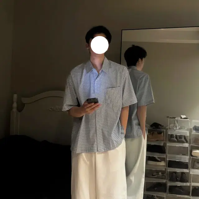 冈哉 美式潮流个性百搭垂感时尚格纹设计简约舒适基础款短袖痞帅衬衣慵懒风上衣宽松舒适纯色翻领纽扣衬衫 男女同款