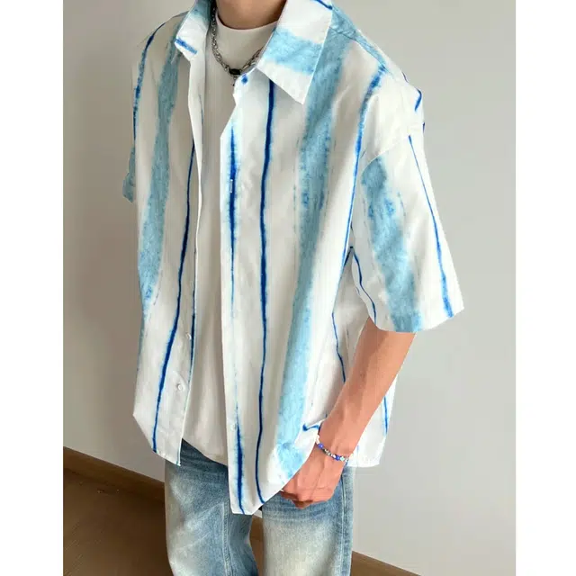 冈哉 美式渐变条纹拼接日常通勤亲肤薄款百搭直筒短袖衬衫 男女同款