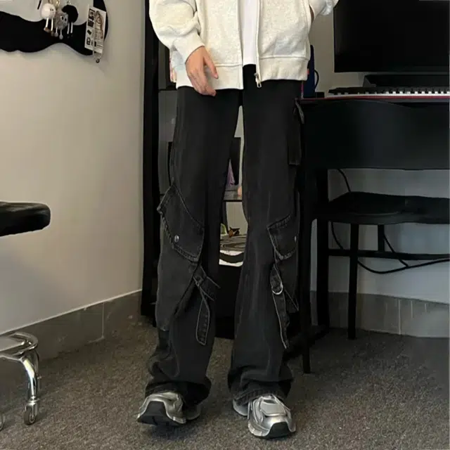 冈哉 美式复古侧边大口袋解构拼接系带工装设计宽松潮流垂感百搭休闲拖地直筒牛仔裤 男女同款