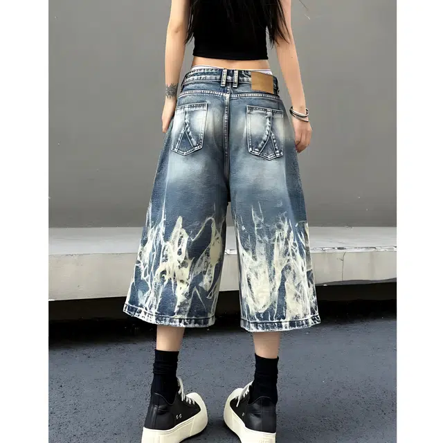 冈哉 美式街头扎染闪电纹设计水洗做旧嘻哈风宽松高腰阔腿百搭舒适休闲七分裤牛仔短裤 男女同款