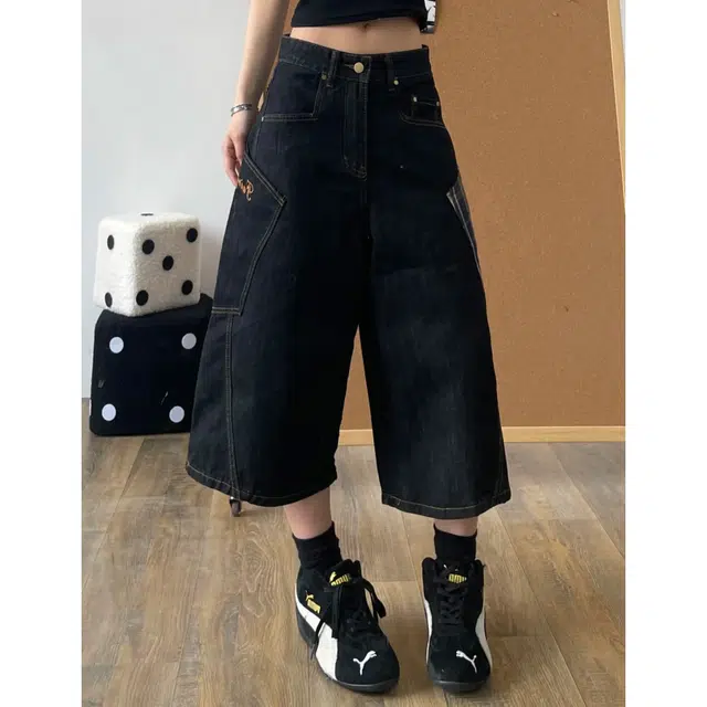 冈哉 美式复古街头撞色格子大口袋解构拼接刺绣设计潮牌宽松阔腿休闲百搭直筒牛仔短裤 男女同款