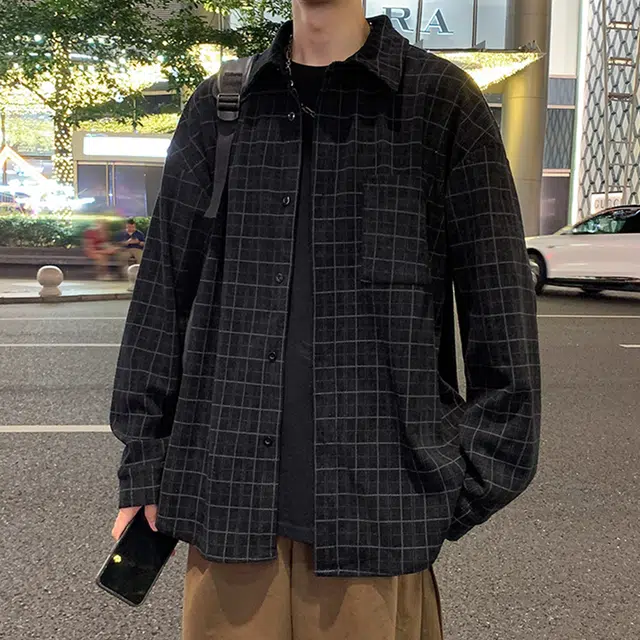 冈哉 条纹格子美式复古翻领单排扣宽松休闲百搭长袖衬衫 男女同款