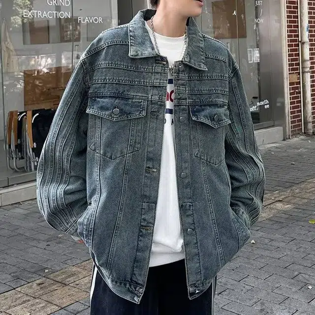 冈哉 解构拼接水洗做旧廓形垫肩上衣美式复古宽松休闲重磅潮牌潮流时尚百搭夹克牛仔外套 男女同款