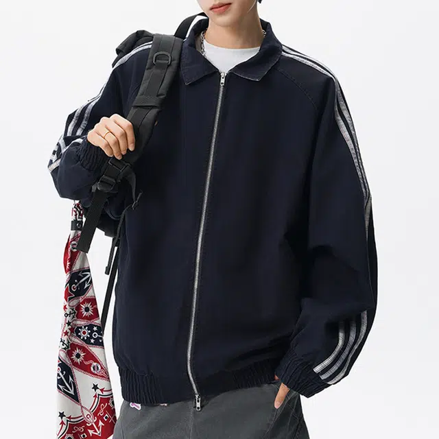 冈哉 撞色条纹拼接格子纯色双面穿设计美式复古潮流百搭简约高街甜酷时尚通勤个性夹克外套 男女同款