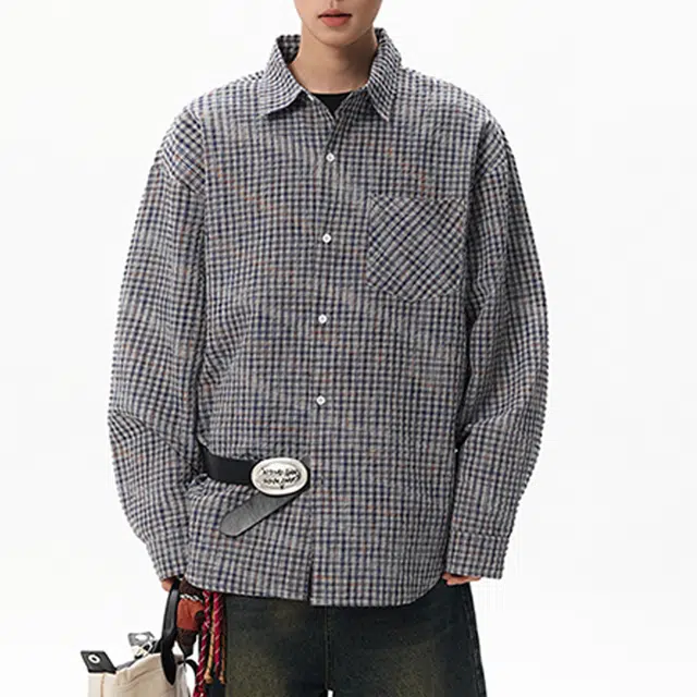 冈哉 泡泡纱多彩格子多巴胺设计美式复古潮流学院风高级感宽松休闲百搭舒适翻领长袖衬衫 男女同款