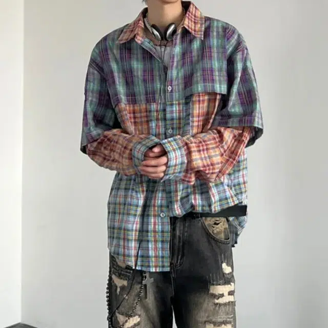 冈哉 多裁片撞色拼色拼接设计格子翻领单排扣落肩宽松垂感休闲时尚经典通勤舒适百搭格纹衬衫 男女同款