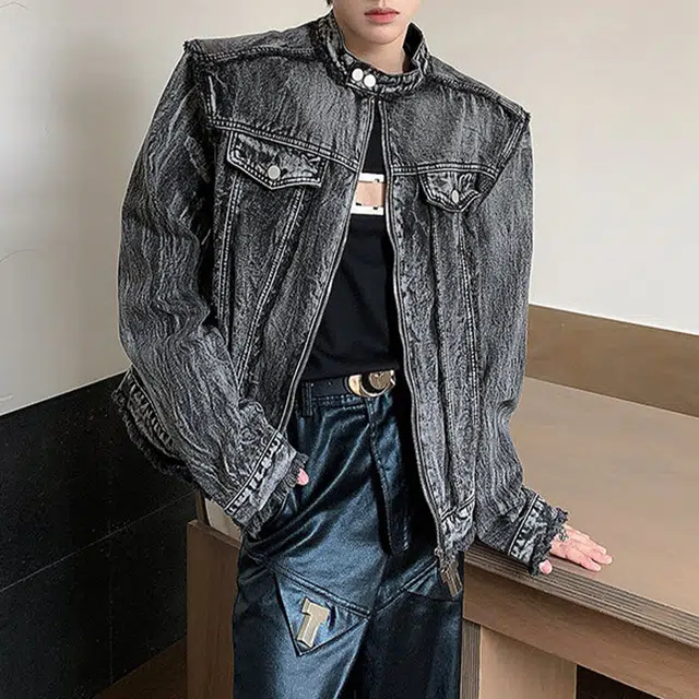 冈哉 美式高街做旧纹理金属纽扣明辑线拼接流苏毛边设计重工水洗百搭无性别主义牛仔外套 男女同款