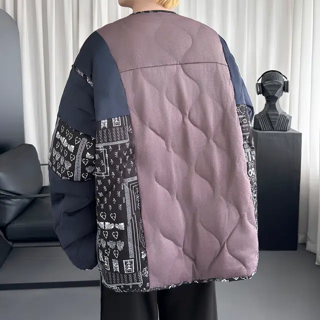 冈哉 撞色老花拼接盘扣开衫设计中国风新中式时尚潮牌无性别主义潮流休闲舒适棉衣 男女同款