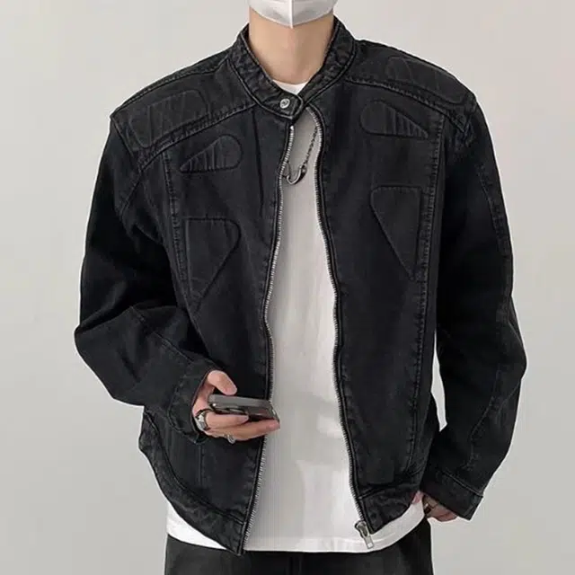 冈哉 美式高街水洗做旧工装宽松休闲痞帅百搭立领拉链牛仔外套 男女同款