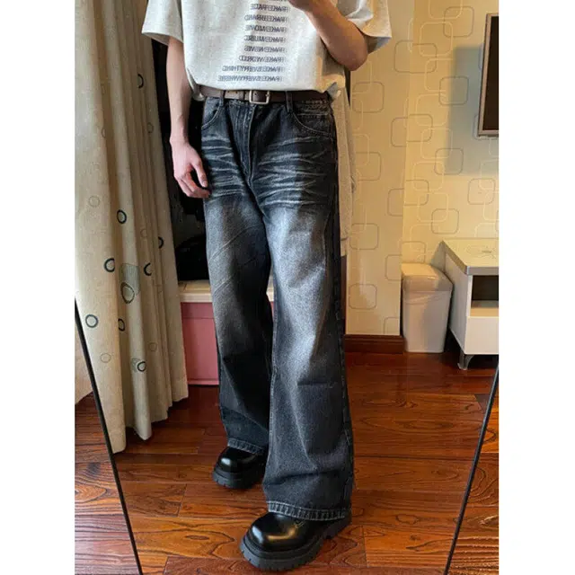 冈哉 美式高街复古个性水洗闪电猫爪压褶褶皱做旧渐变设计穿搭百搭基础款休闲潮流潮牌垂感直筒嘻哈街头痞帅牛仔裤 男女同款