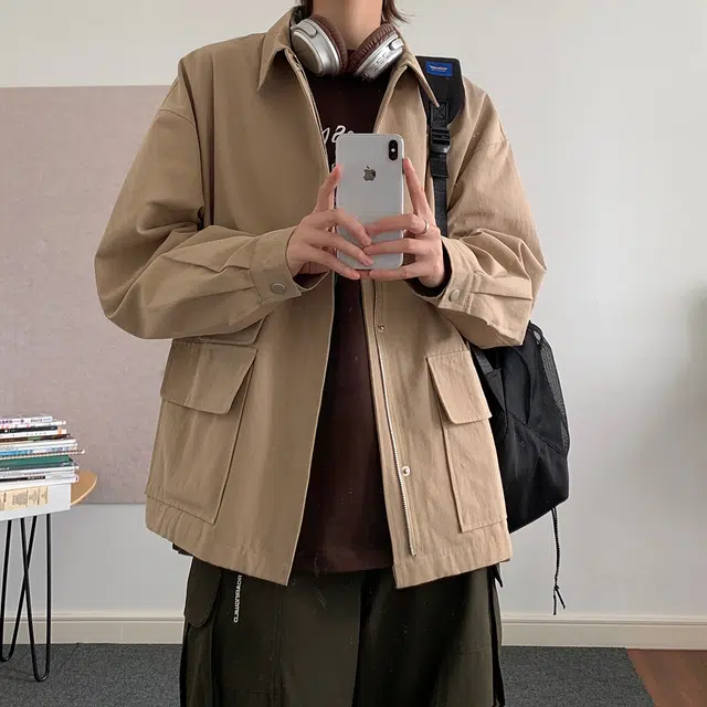 冈哉  美式秋季韩系多袋工装翻领痞帅个性潮流潮牌时尚慵懒感日常通勤柔软舒适亲肤夹克 男女同款