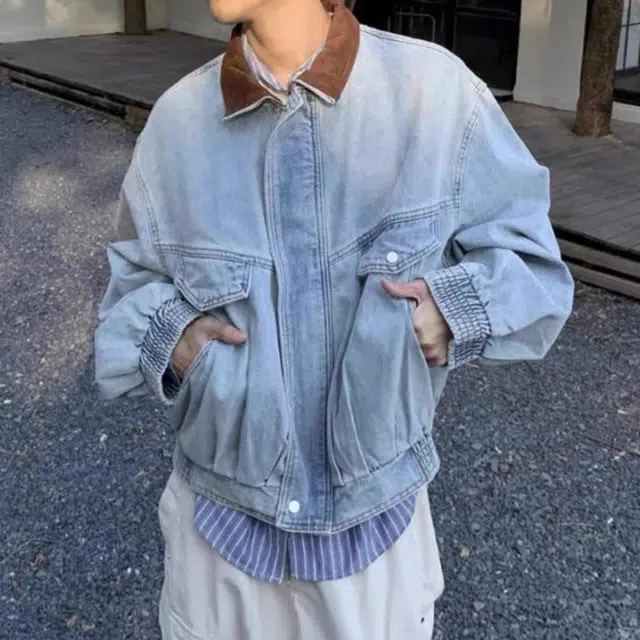 冈哉 水洗做旧大口袋美式复古高街宽松工装牛仔外套 男女同款