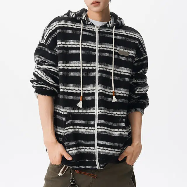 冈哉 磨毛编织条纹针织开衫设计美式复古宽松显瘦慵懒高级感连帽拉链舒适柔软亲肤卫衣 男女同款