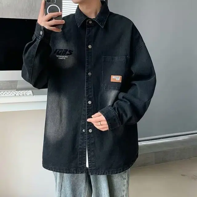 冈哉 美式复古潮牌水洗做旧印花贴标翻领开衫高街棒球日常百搭休闲宽松痞帅个性潮流牛仔外套 男女同款