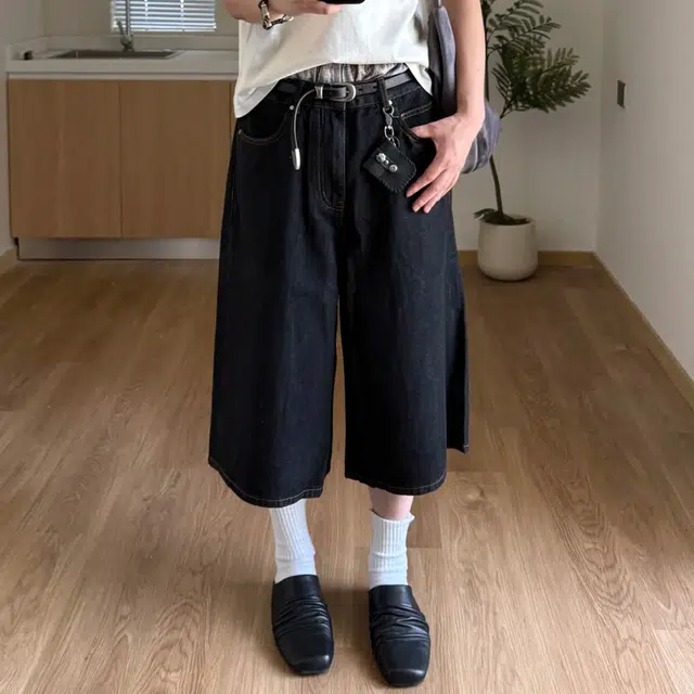 冈哉 纯色基础款美式复古七分裤立体裁百搭明线设计时尚潮流宽松阔腿显高显瘦直筒中腰牛仔短裤 男女同款
