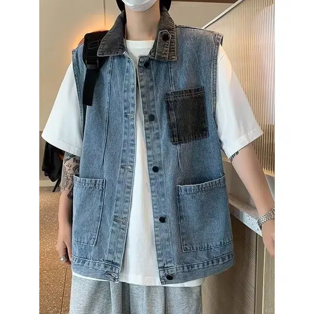 冈哉 美式复古高街水洗做旧撞色口袋领口多设计嘻哈街头风无袖外套潮流百搭宽松大马甲 男女同款