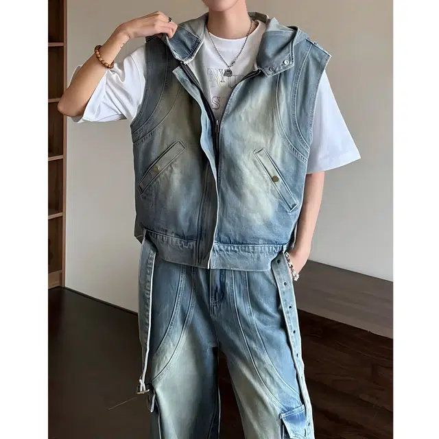 冈哉 美式复古水洗做旧连帽马甲小众设计感休闲透气百搭拉链无袖牛仔外套 男女同款