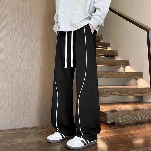 冈哉 撞色反光线条拼接纯色简约基础款美式潮流宽松百搭直筒阔腿高街运动卫裤休闲裤 男女同款