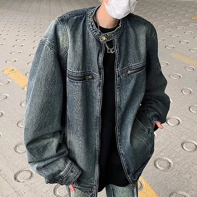 冈哉 美式复古做旧长袖徽章解构拼接立领工装设计痞帅潮流宽松休闲百搭夹克牛仔外套 男女同款