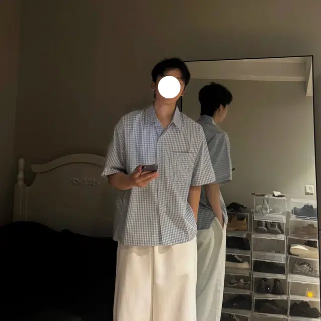 冈哉 美式潮流个性百搭垂感时尚格纹设计简约舒适基础款短袖痞帅衬衣慵懒风上衣宽松舒适纯色翻领纽扣衬衫 男女同款