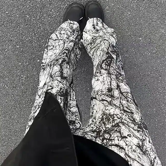 冈哉 美式潮流复古嘻哈满印水墨画宽松百搭高街设计感经典简约无性别主义垂感迷彩日常通勤工装裤牛仔休闲裤 男女同款