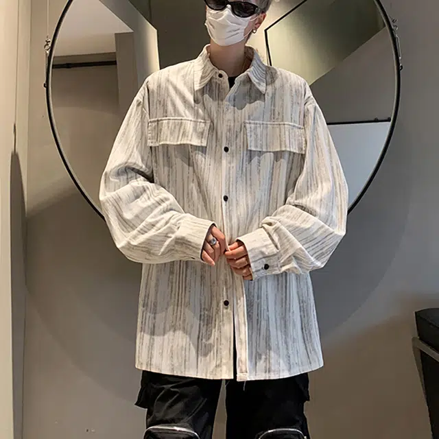 冈哉 美式韩版休闲潮流百搭垂感时尚灯芯绒印花纹理纽扣设计外套少年感空调舒适基础款打底内搭潮搭长袖衬衫 男女同款