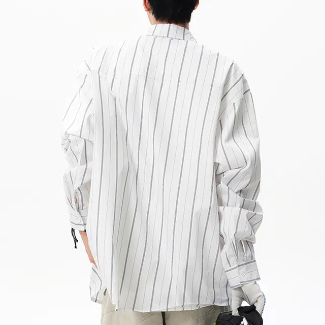 冈哉 字母印花条纹拼接落肩单排扣设计美式学院风简约休闲垂感宽松百搭潮流长袖衬衫 男女同款
