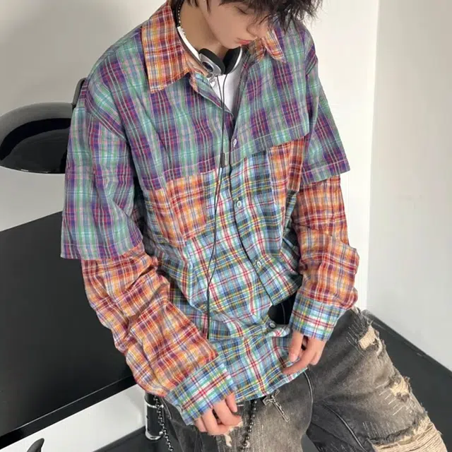 冈哉 多裁片撞色拼色拼接设计格子翻领单排扣落肩宽松垂感休闲时尚经典通勤舒适百搭格纹衬衫 男女同款
