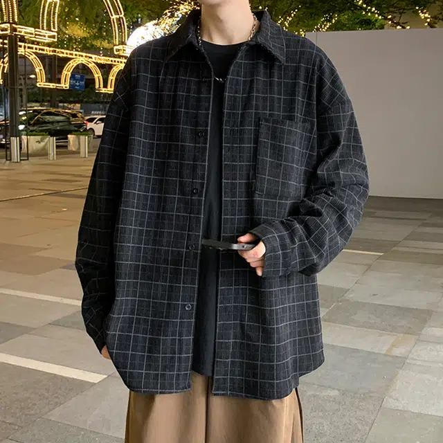 冈哉 条纹格子美式复古翻领单排扣宽松休闲百搭长袖衬衫 男女同款