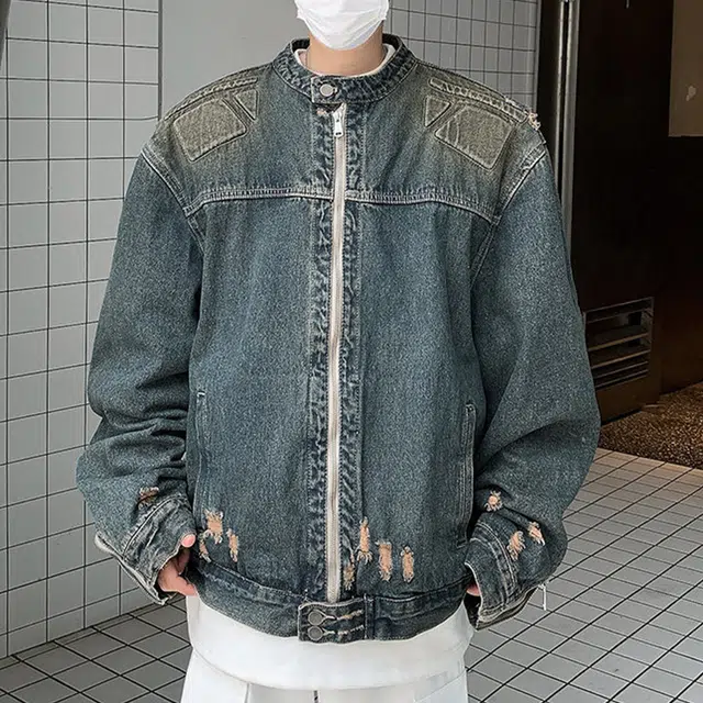 冈哉 美式复古解构拉链拼接水洗做旧破洞设计痞帅街头潮流舒适百搭宽松立领落肩垂感牛仔外套 男女同款