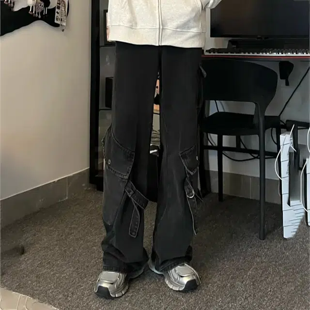冈哉 美式复古侧边大口袋解构拼接系带工装设计宽松潮流垂感百搭休闲拖地直筒牛仔裤 男女同款