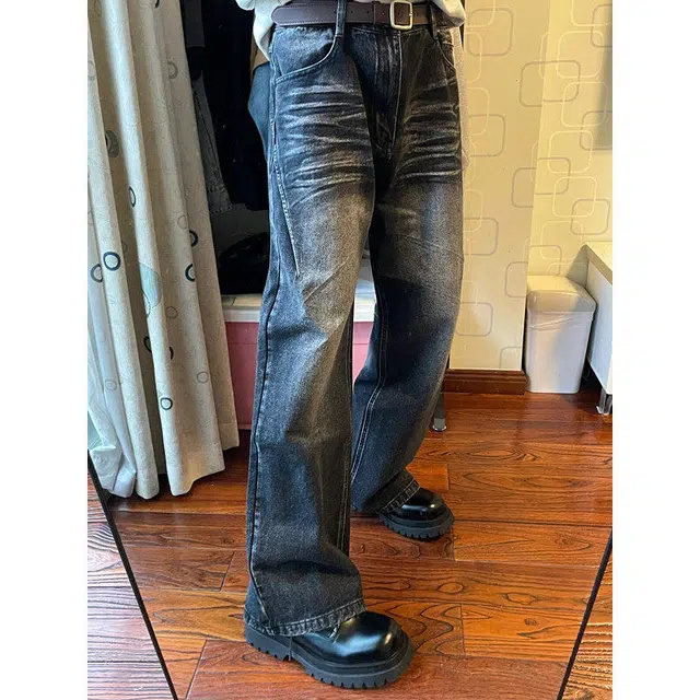 冈哉 美式高街复古个性水洗闪电猫爪压褶褶皱做旧渐变设计穿搭百搭基础款休闲潮流潮牌垂感直筒嘻哈街头痞帅牛仔裤 男女同款