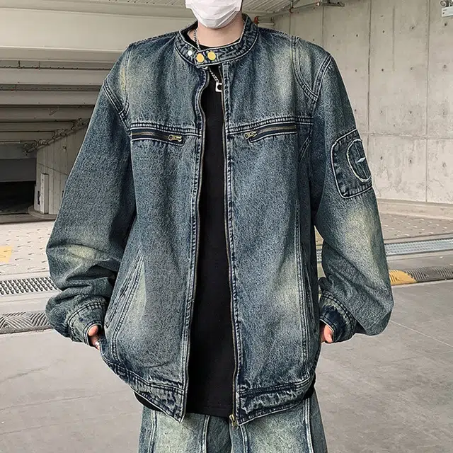 冈哉 美式复古做旧长袖徽章解构拼接立领工装设计痞帅潮流宽松休闲百搭夹克牛仔外套 男女同款