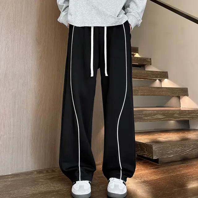 冈哉 撞色反光线条拼接纯色简约基础款美式潮流宽松百搭直筒阔腿高街运动卫裤休闲裤 男女同款