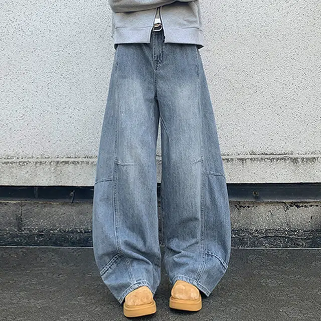 冈哉 美式复古纯色做旧褶皱拼接弯刀设计时尚高街垂感宽松百搭高级感潮牌舒适阔腿裤牛仔裤 男女同款