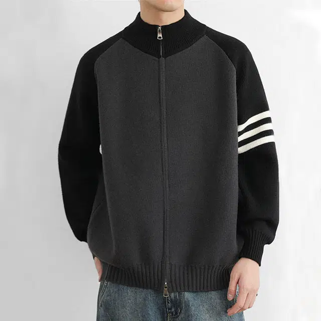 冈哉 三条杠拼接撞色开衫美式复古条纹学院风金属拉链宽松休闲百搭户外运动通勤垂感舒适立领针织衫 男女同款