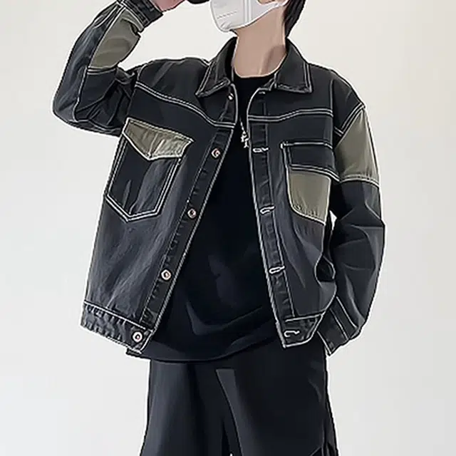 冈哉 撞色拼接工装做旧设计美式复古高街个性潮流日常户外休闲通勤百搭宽松牛仔外套 男女同款