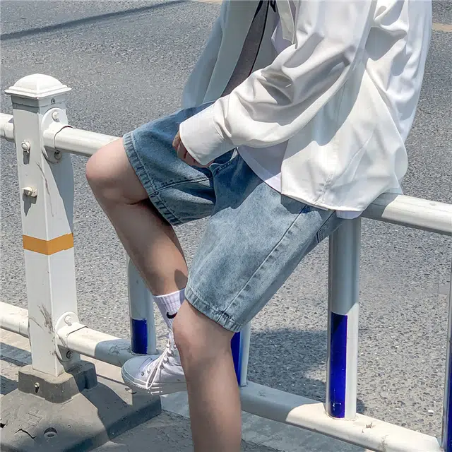 冈哉 美式复古个性潮流做旧水洗宽松阔腿五分裤透气清爽凉感简约舒适时尚百搭通勤休闲牛仔短裤 男女同款