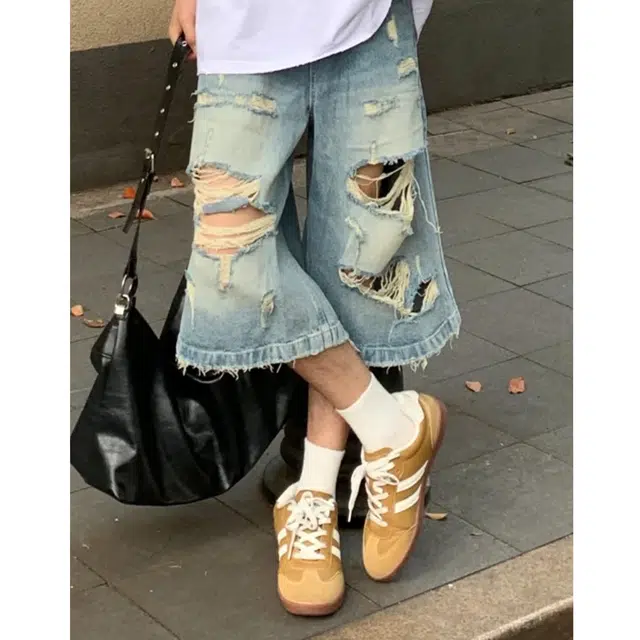 冈哉 美式潮牌复古水洗做旧破洞七分裤薄款显高显瘦直筒休闲阔腿牛仔短裤 男女同款