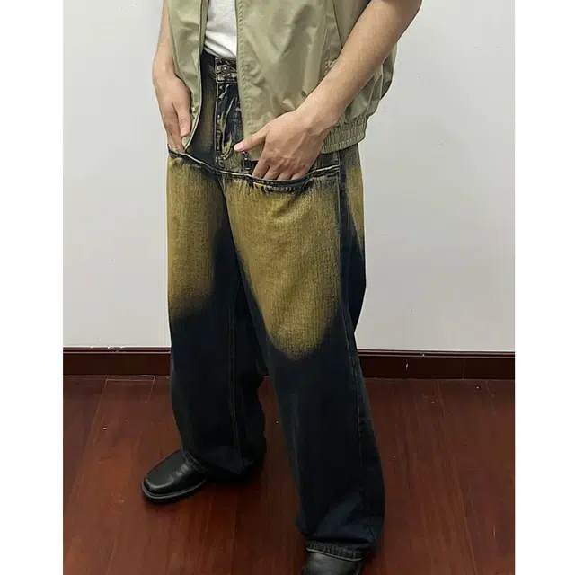 冈哉 美式复古渐变解构分割拼接水洗做旧设计时尚百搭潮流休闲日常通勤痞帅嘻哈街头直筒阔腿牛仔裤 男女同款