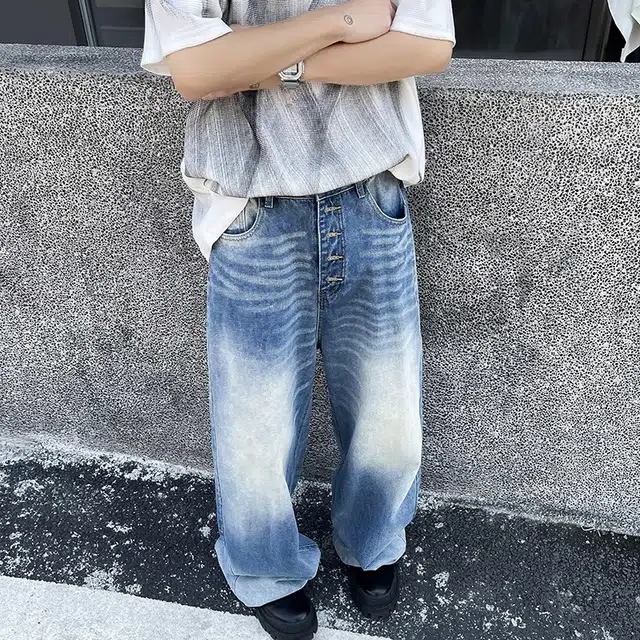 冈哉 美式高街复古个性水洗做旧磨破渐变设计穿搭百搭基础款显高显瘦休闲潮流潮牌垂感弯刀嘻哈街头痞帅牛仔裤 男女同款