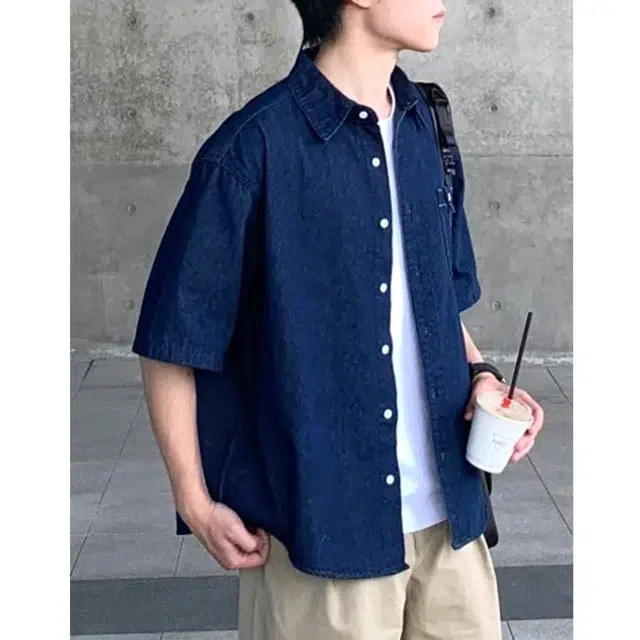 冈哉 美式复古翻领盘扣牛仔衬衣纯色基础款拼接口袋工装设计水洗做旧五分袖时尚潮流舒适柔软宽松百搭短袖衬衫 男女同款